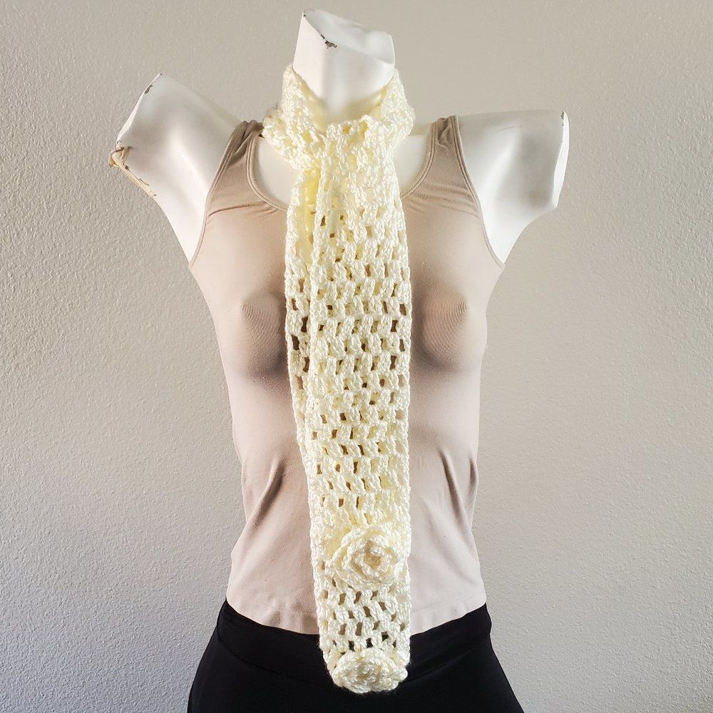 BOGO Scarf Sale - Hand Crafted cream with flowers crochet scarf